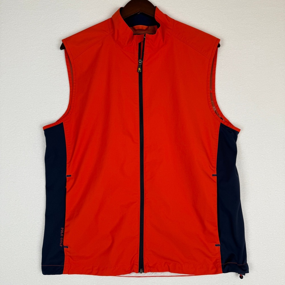 Polo Golf Ralph Lauren Vest Men's Medium Orange Navy Full Zip Water Resistant‎
